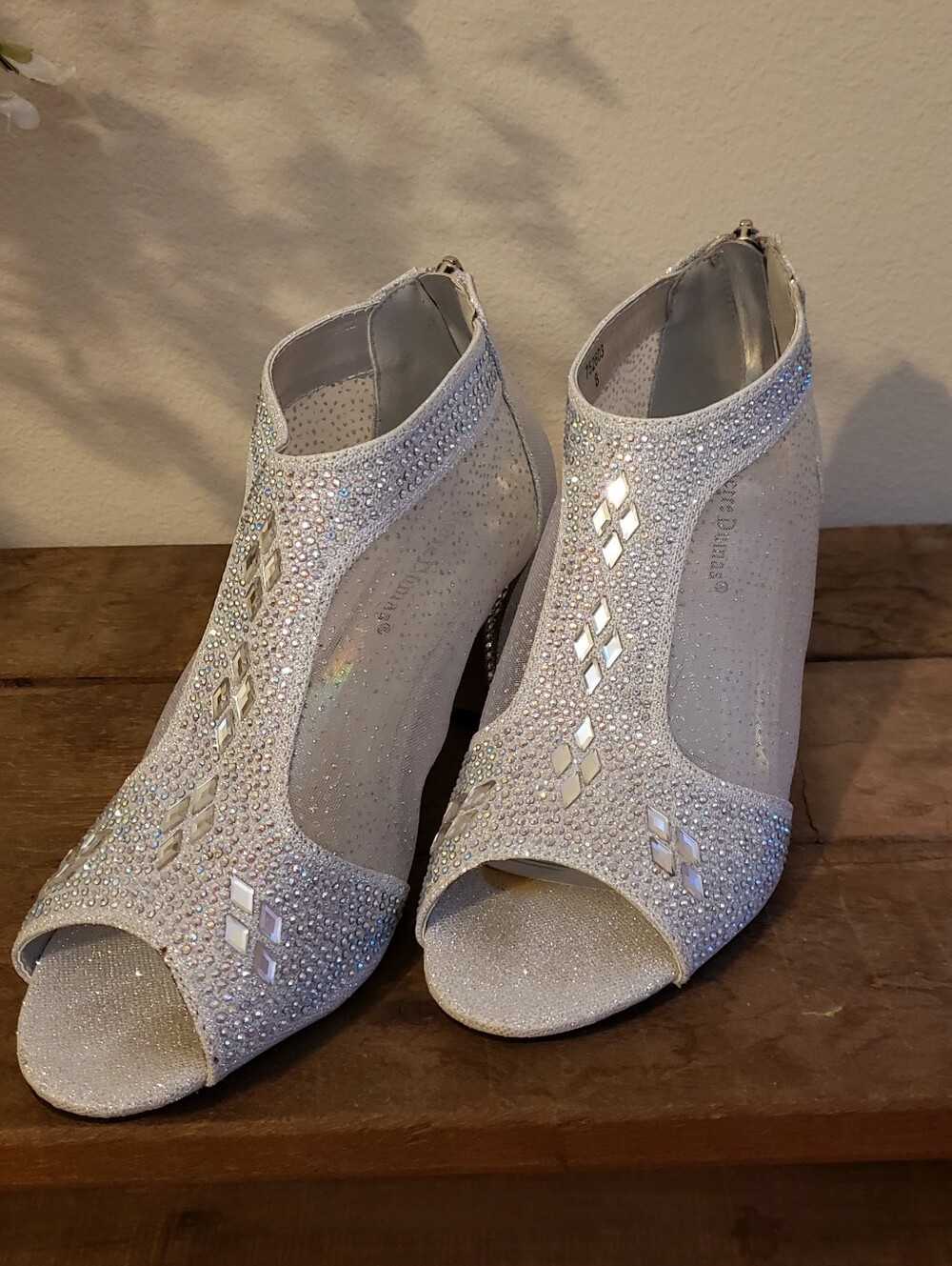 Embellished Silver Women's Peep-Toe Heels Size 8